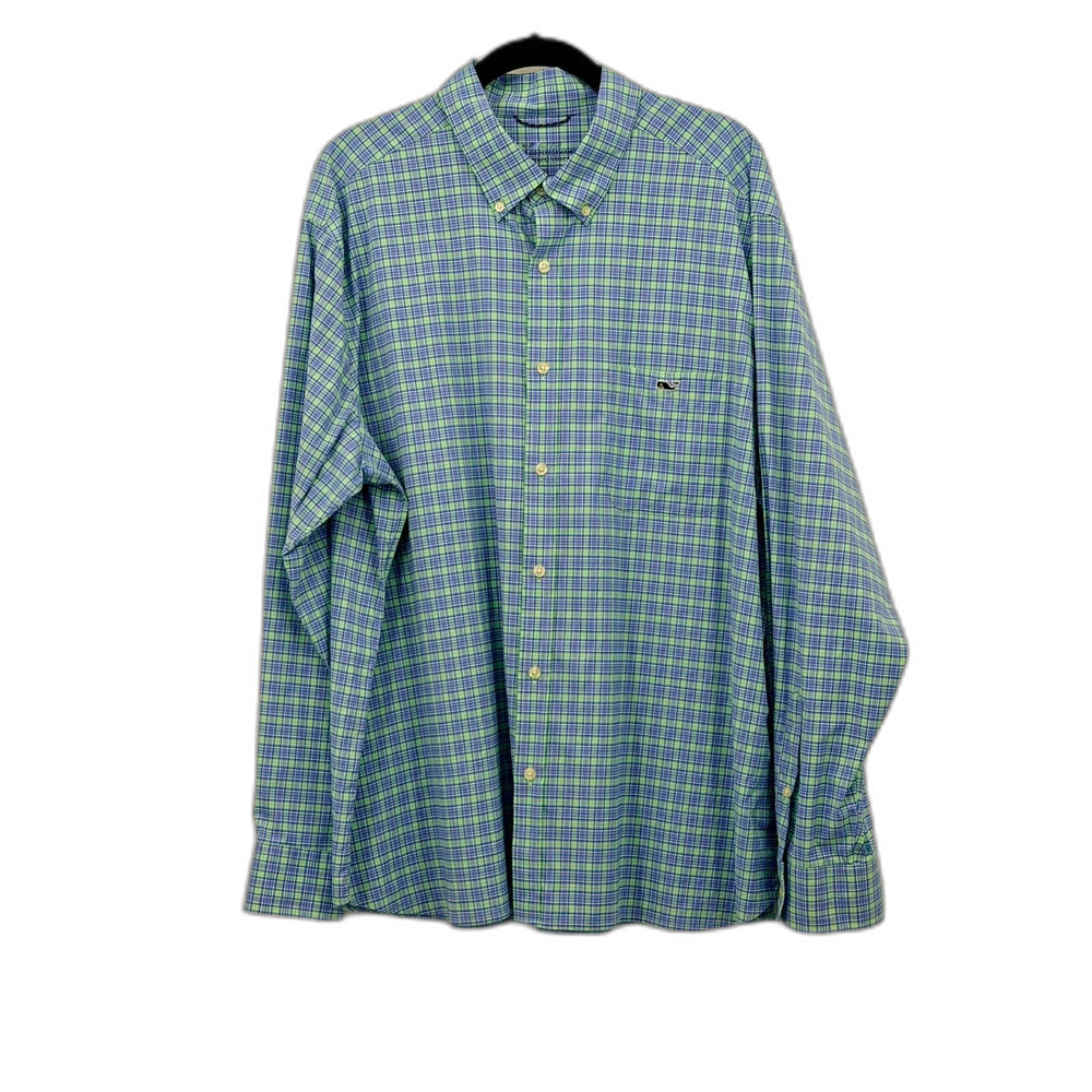 Vineyard Vines Men Blue Green Check OTG On the Go Performance Button Down XXL